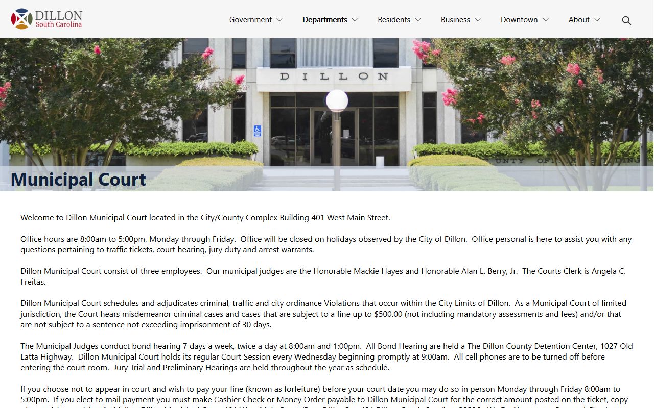 Dillon County warrant records from Dillon Municipal Court